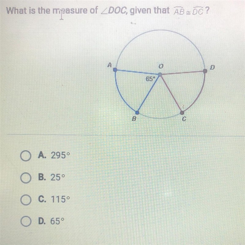 What is the measure of angle DOC, given that AB is congruent to DC-example-1