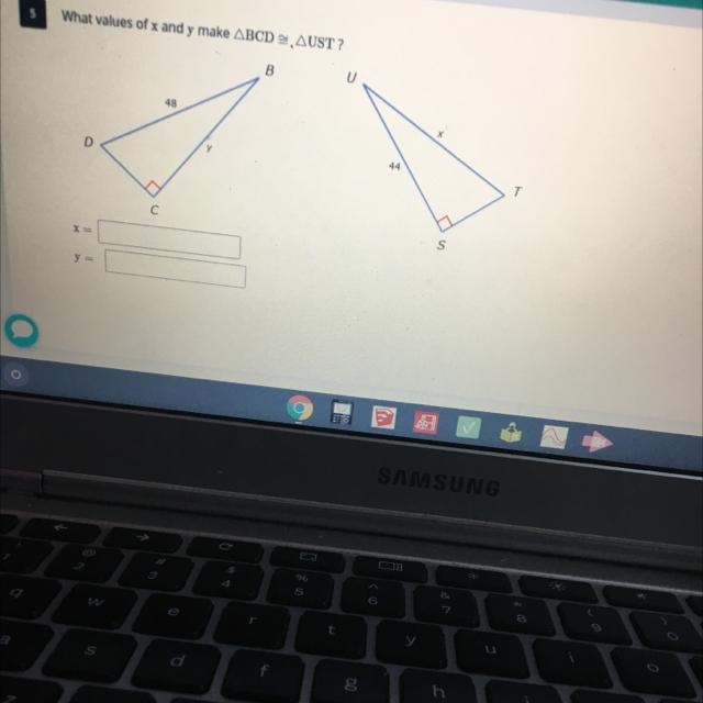 What values of x and y make BCD UST? B U X 48 44 T T D С S y =-example-1