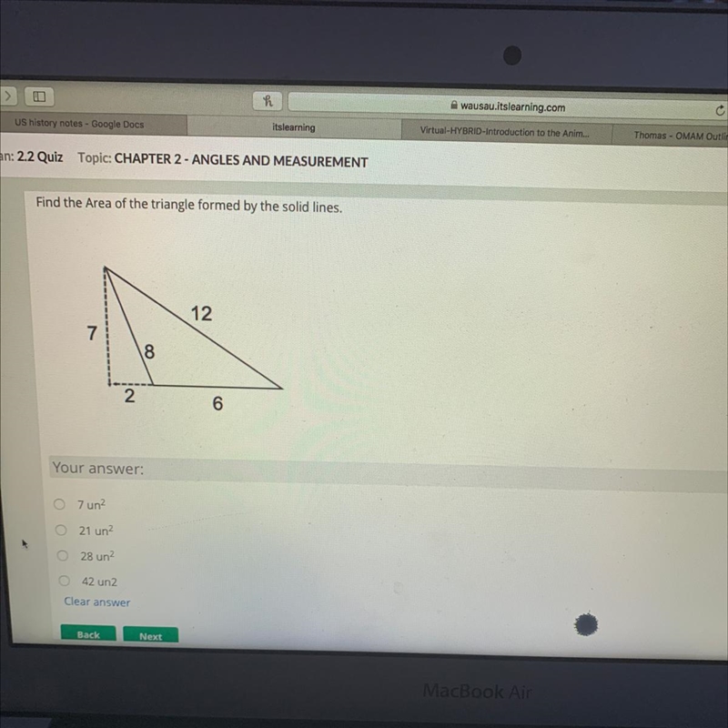 Find the Area of the triangle formed by the solid lines.-example-1