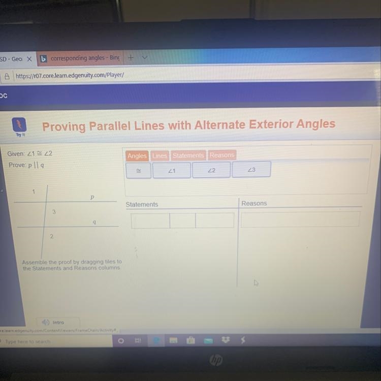 Given : angle 1 is congruent to angle 2 . prove : p || q-example-1