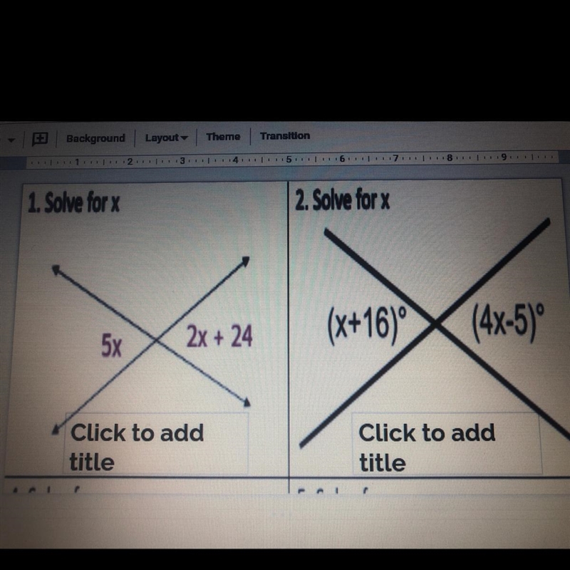 1. Solve for x 5x 2x+24 2. Solve for X (x+16) (4x-5) if anyone can help i would appreciate-example-1