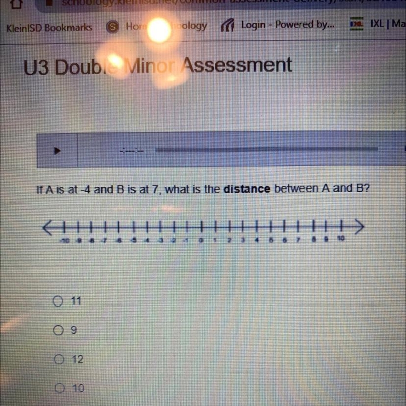 If A is at -4 and B is at 7, what is the distance between A and B? O 11 O 9 O 12 0 10-example-1