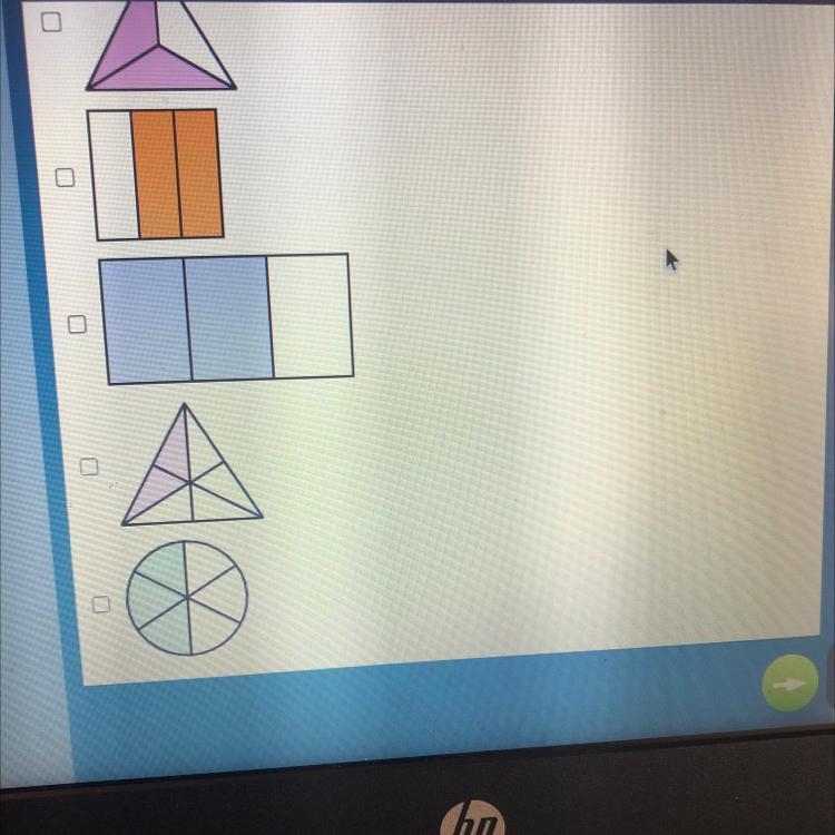 Each shape below is divided into equal parts. Select the shapes that have shaded. Check-example-1