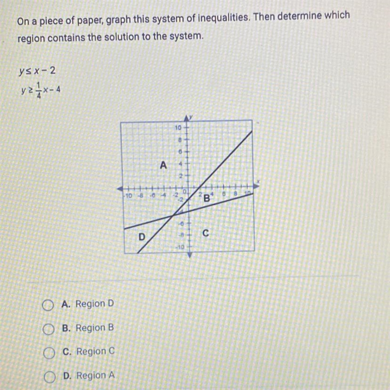 Y<_x-2 y>_1/4x-4 region a region b region c region d-example-1