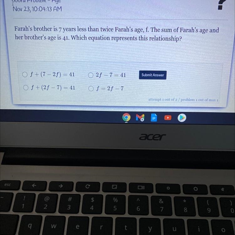 Farah's brother is 7 years less than twice Farah's age, f. The sum of Farah's age-example-1