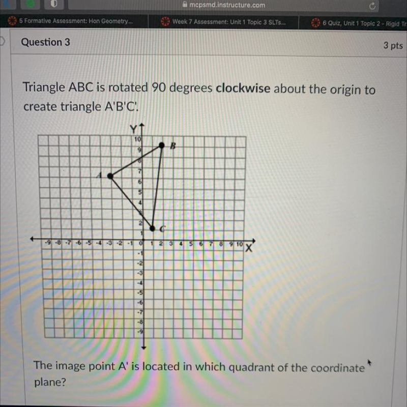 Triangle ABC is rotated 90 degrees clockwise about the origin to create triangle A-example-1