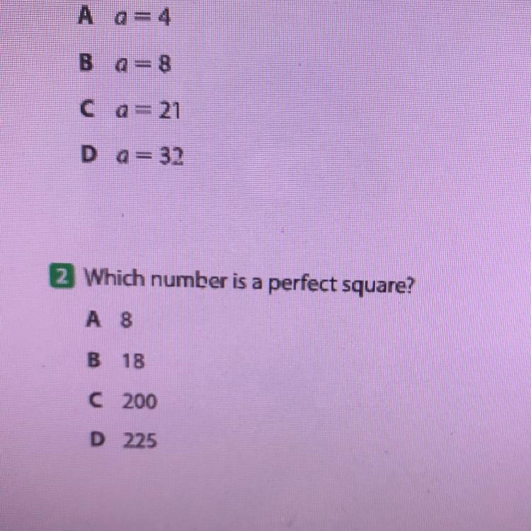 1 Solve q = 64. A a=4 B a = 8 Ca = 21 D a= 32-example-1