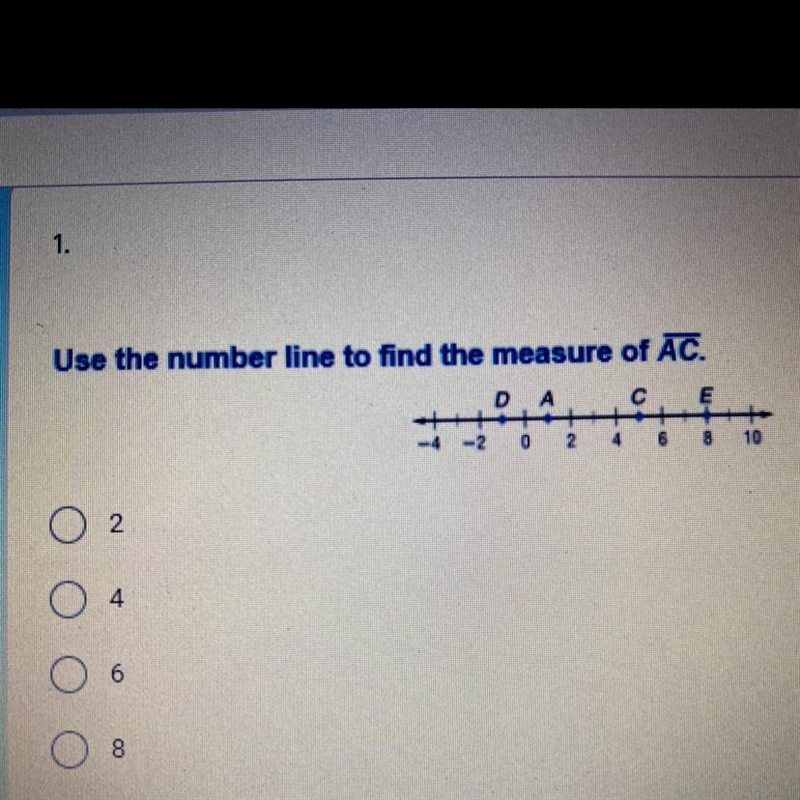 Use the number line to find the measure of AC. A) 2 B)4 C)6 D)8-example-1