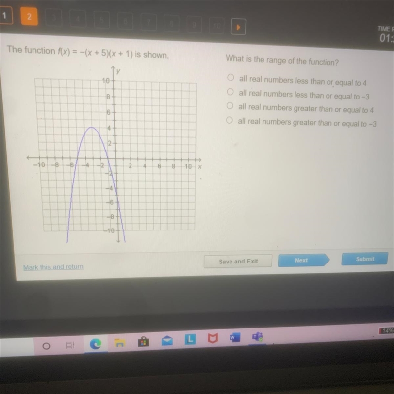 The function f(x)=-(x5+)(x+1) is shown. what is the range of the function-example-1