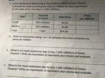 ACME Hardware is introducing a new product called Greener Cleaner. Complete the table-example-1