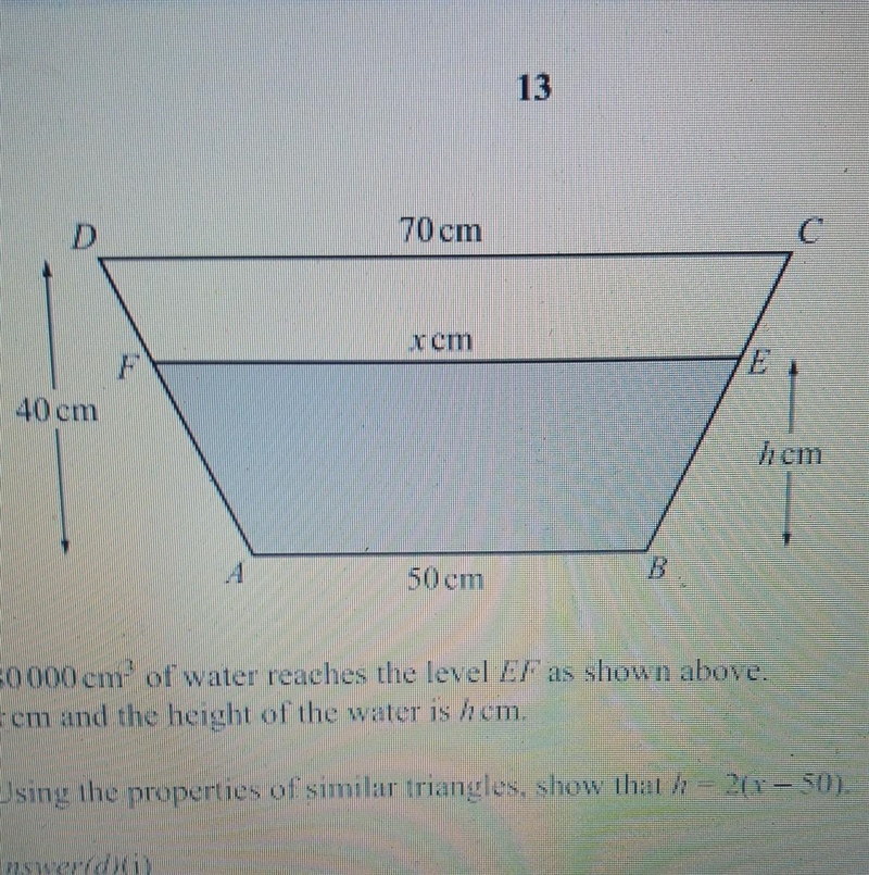 The diagram shows an empty tank in the shape of a horizontal prism of length 150 cm-example-1