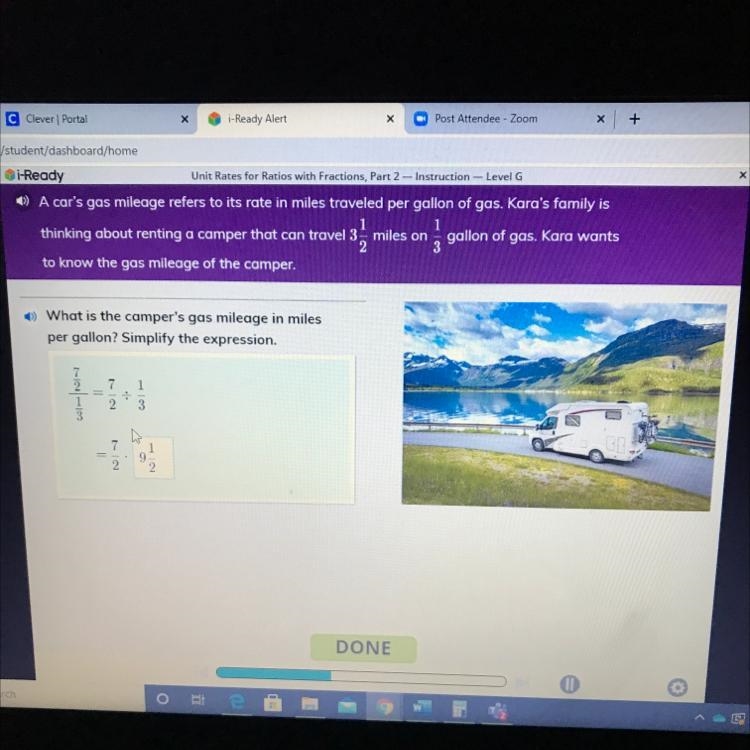 What is the campers gas mileage in miles per gallon 7/2/1/3=7/2divided by 1/3-example-1