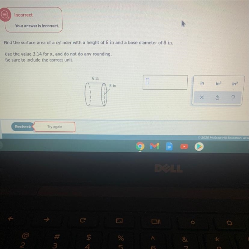 Find the surface area of a cylinder with a helght of 6 in and a base diameter of 8 in-example-1