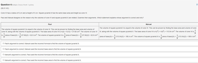 Cone W has a radius of 6 cm and a height of 5 cm. Square pyramid X has the same base-example-1