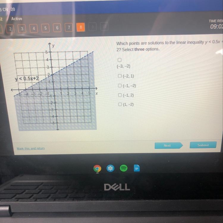 Which points are solutions to the linear inequality y < 0.5x + 2? Select three-example-1