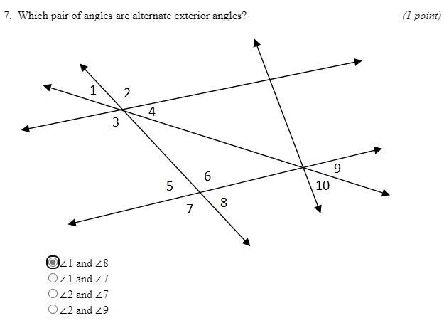 Help please I need an answer really quick!!!! Which pair of angles are alternate exterior-example-1