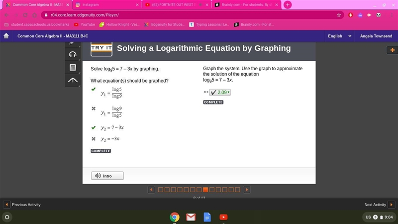 Graph the system. Use the graph to approximate the solution of the equation log95 = 7 – 3x-example-1