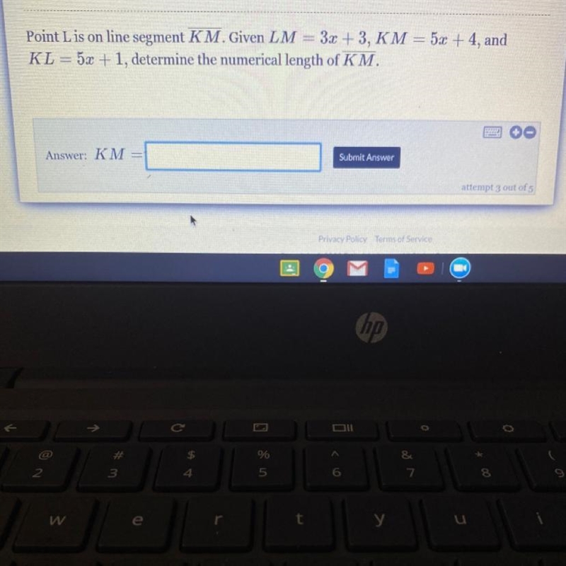 Point L is on line segment KM. Given LM = 3x + 3, KM = 5x + 4, and KL = 5x + 1, determine-example-1