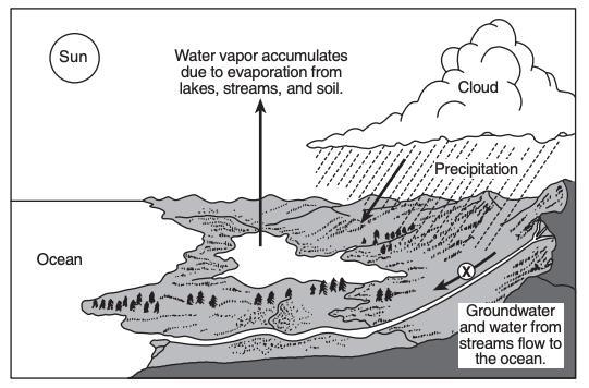 Examine the picture. Point 'X' represents RUNOFF which transports rainwater from the-example-1