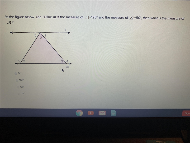 In the figure below, the line / || line m. If the measure of <1=125° and the measure-example-1