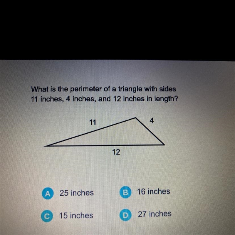 What is the perimeter of a triangle with sides 11 inches, 4 inches, and 12 inches-example-1