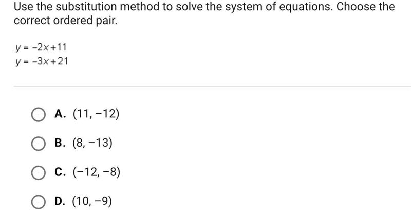 Use the substitution method to solve the system of equations. Choose the correct ordered-example-1