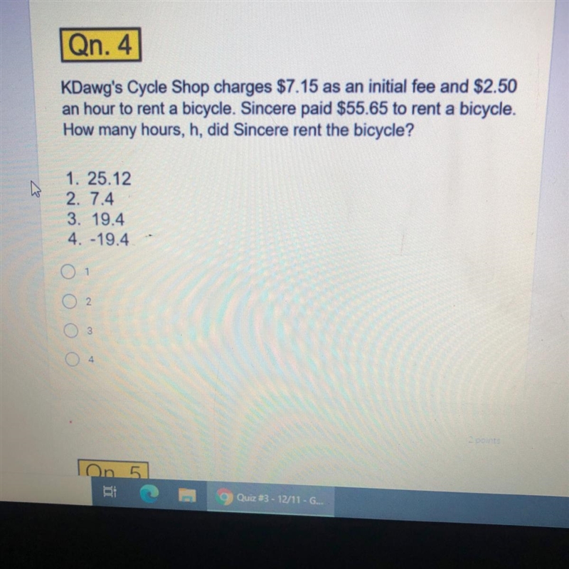 KDawg's Cycle Shop charges $7.15 as an initial fee and $2.50 an hour to rent a bicycle-example-1