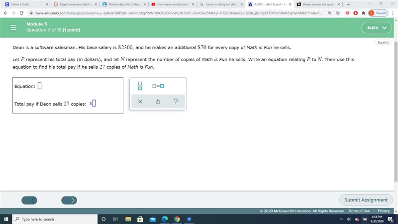 Deon is a software salesman. His base salary is 2300$ , and he makes an additional-example-1