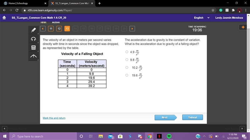 I'M BEING TIMED HELP The acceleration due to gravity is the constant of variation-example-1