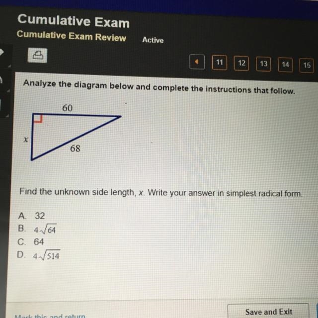 Help! Find the unknown side length, Write your answer in simplest radical form A 32 B-example-1