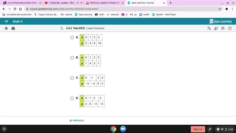 Im on the last question of my test and I need help. what table represents a linear-example-1