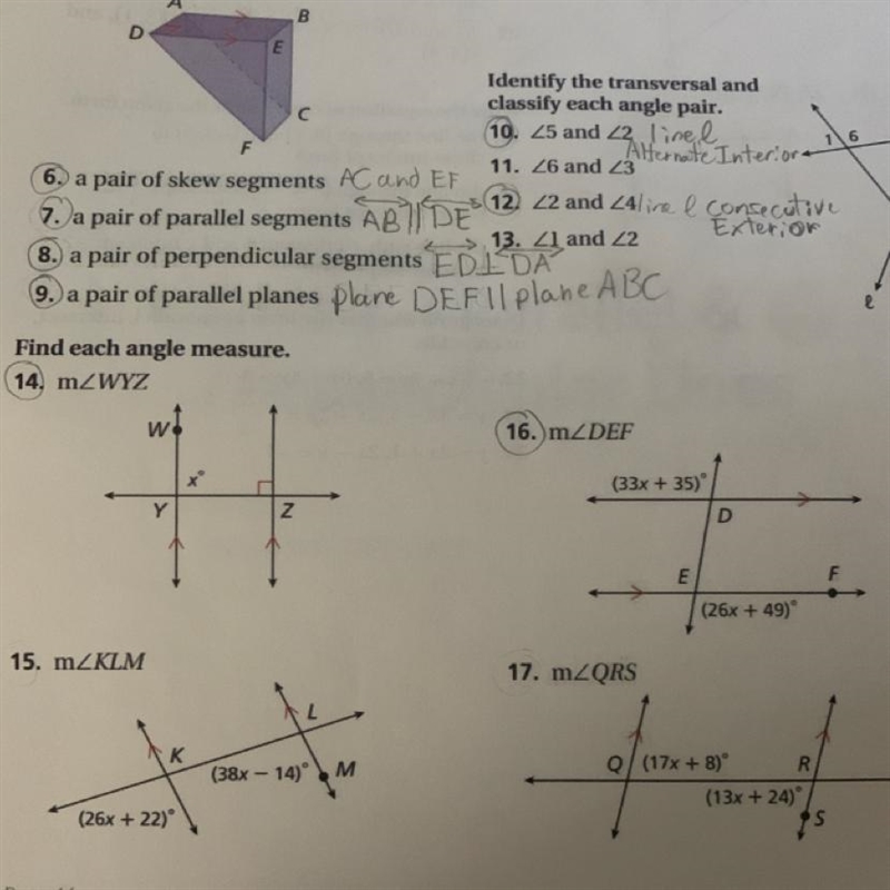 I need help with number 14 and 16 Find each angle measure-example-1