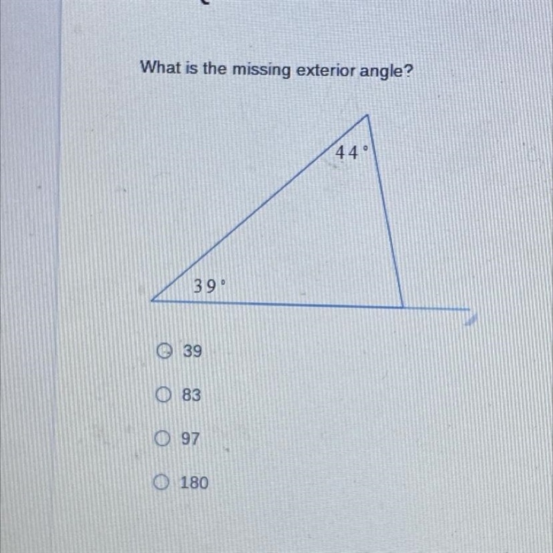 HELP PLEASE What is the missing exterior angle? A. 39 B. 83 C. 97 D. 180-example-1