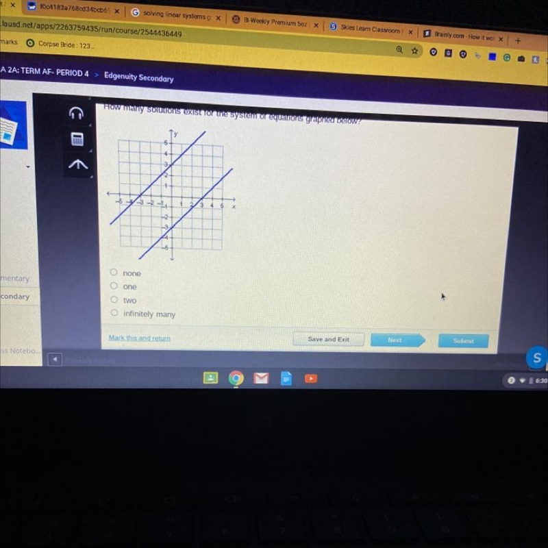 How many solutions exist for the system of equations graphed below?-example-1