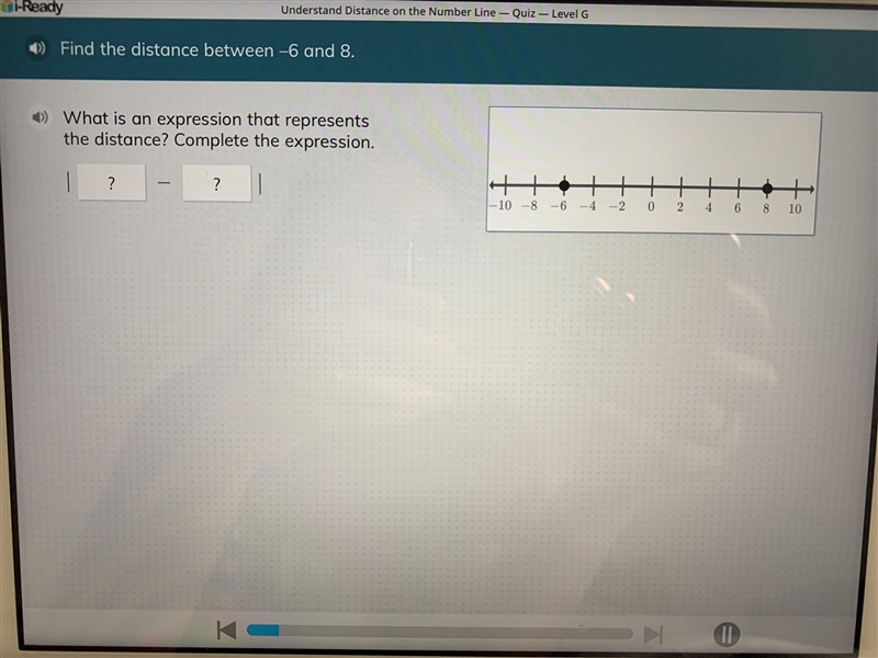 Find the distance between -6 and 8. What is an expression that represents the distance-example-1