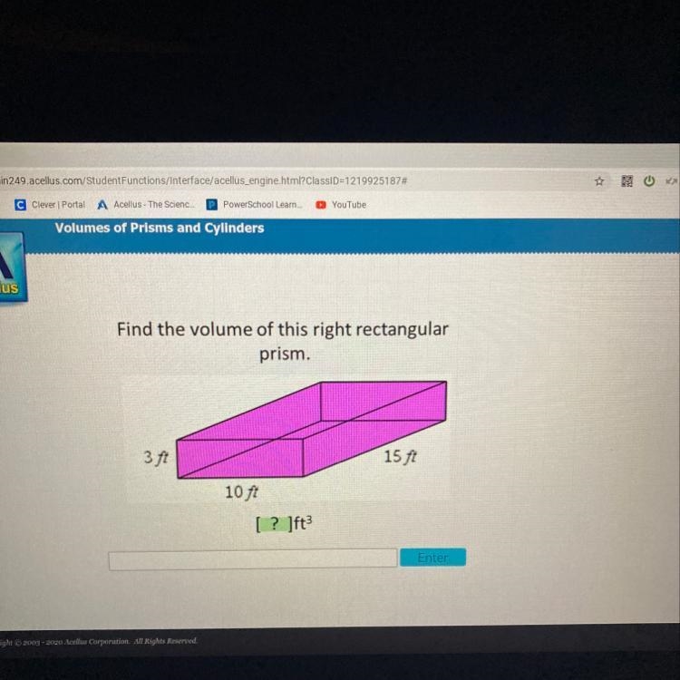 Find the volume of this right rectangular prism. 3 ft 15 ft 10 ft [? ]ft?-example-1