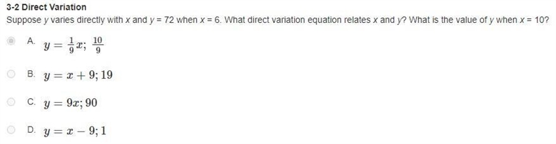 Suppose y varies directly with x and y = 72 when x = 6. What direct variation equation-example-1