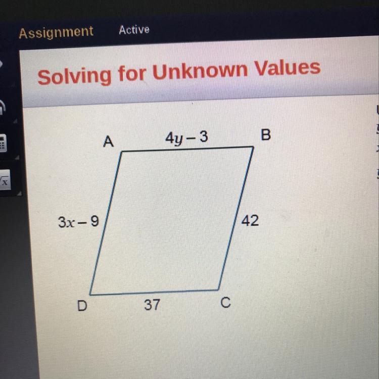 Use parallelogram ABCD. What are the values of xand y? y=-example-1