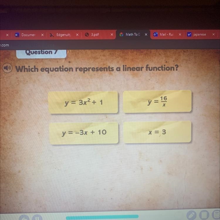 Which equation represents a linear function￼-example-1