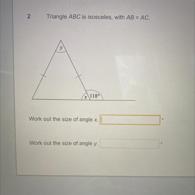 Triangle ABC is isosceles, with AB = AC. r\1180 Work out the size of angle x. Help-example-1