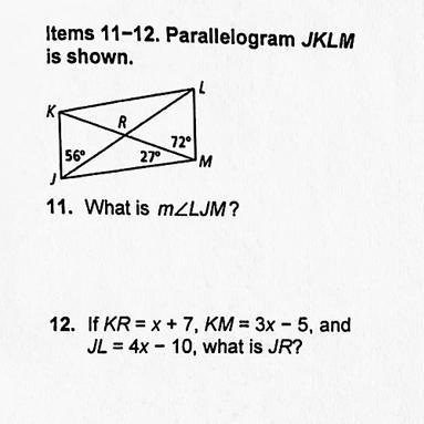 Help, Parallelogram JKLM is shown. What is m What is JR?-example-1