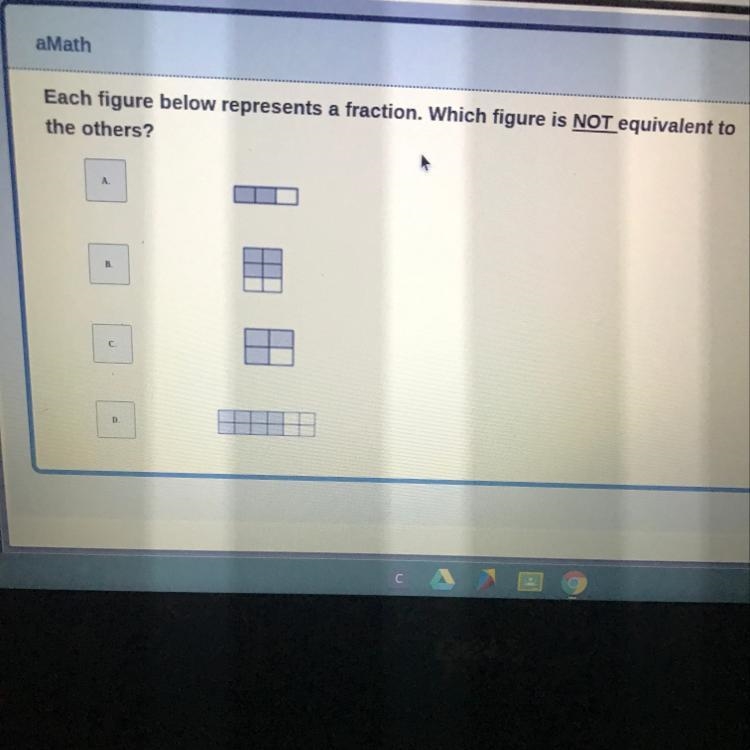 Each figure below represents a fraction. Which figure is NOT equivalent to the others-example-1