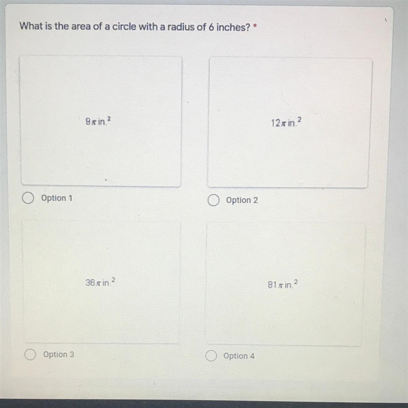 ⚠️PLEASE HELP ME⚠️ What is the area of a circle with a radius of 6 inches? O 9 pi-example-1