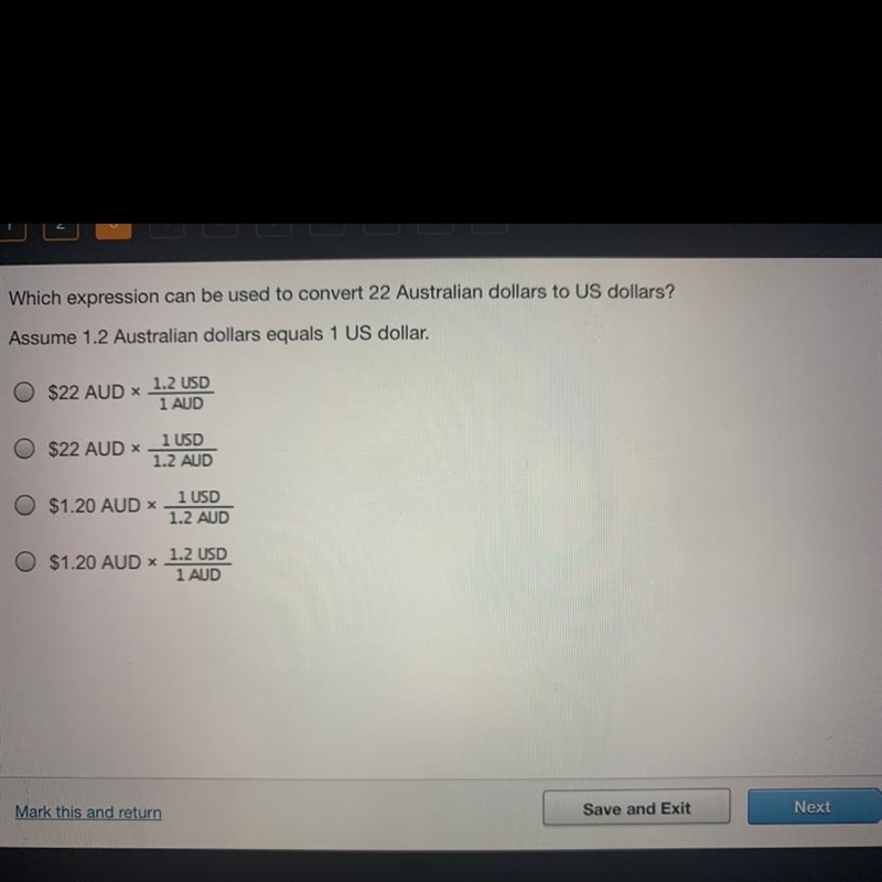 Which expression can be used to convert 22 Australian dollars to US dollars? Assume-example-1