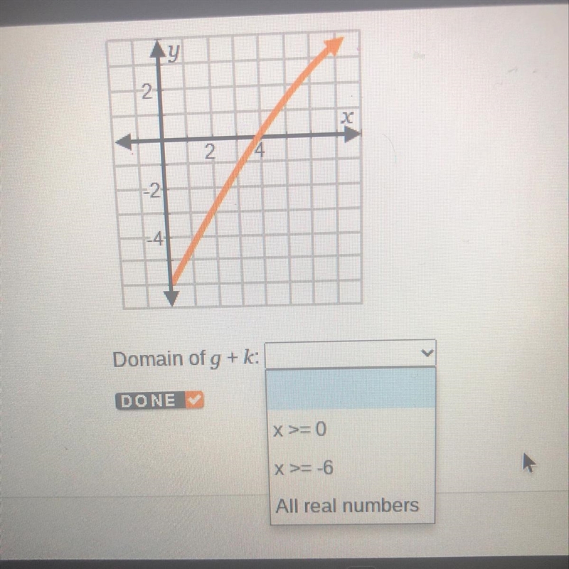 Domain of g+k:______ X >= 0 X >= -6 All real numbers-example-1