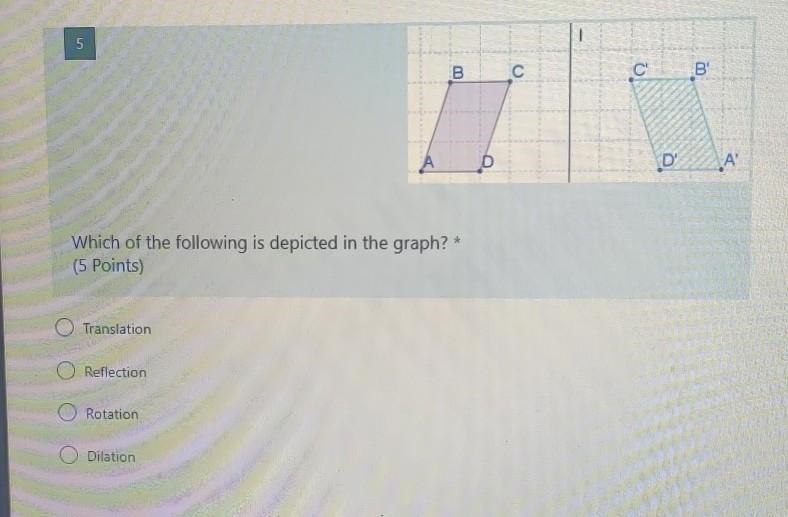 Please help with this!! Thanks! 1) Translation 2) Reflection 3) Rotation 4) Dilation-example-1