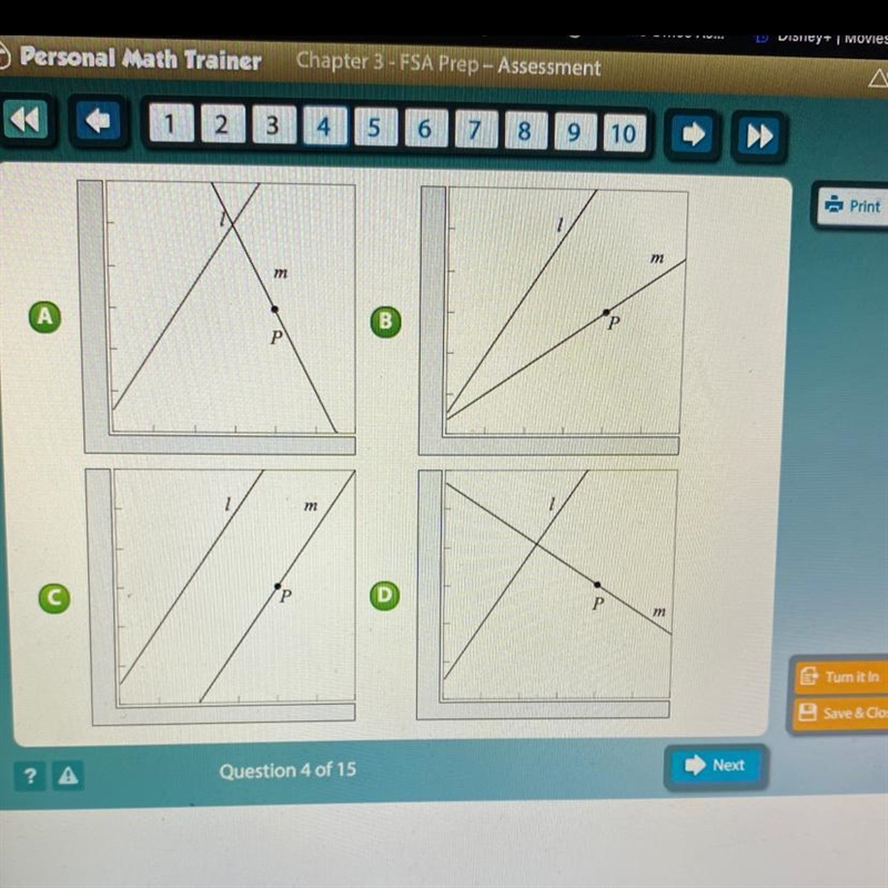 Choole a line m that passes through point, P, and is parallel to linel.-example-1