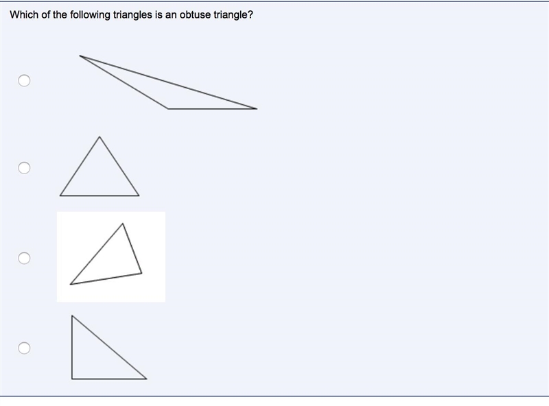 Which of the following triangles is an obtuse triangle?-example-1