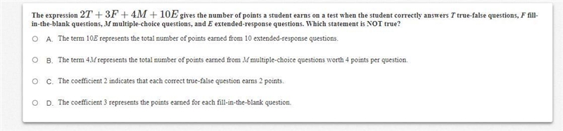 The expression 2 T + 3 F + 4 M + 10 E gives the number of points a student earns on-example-1