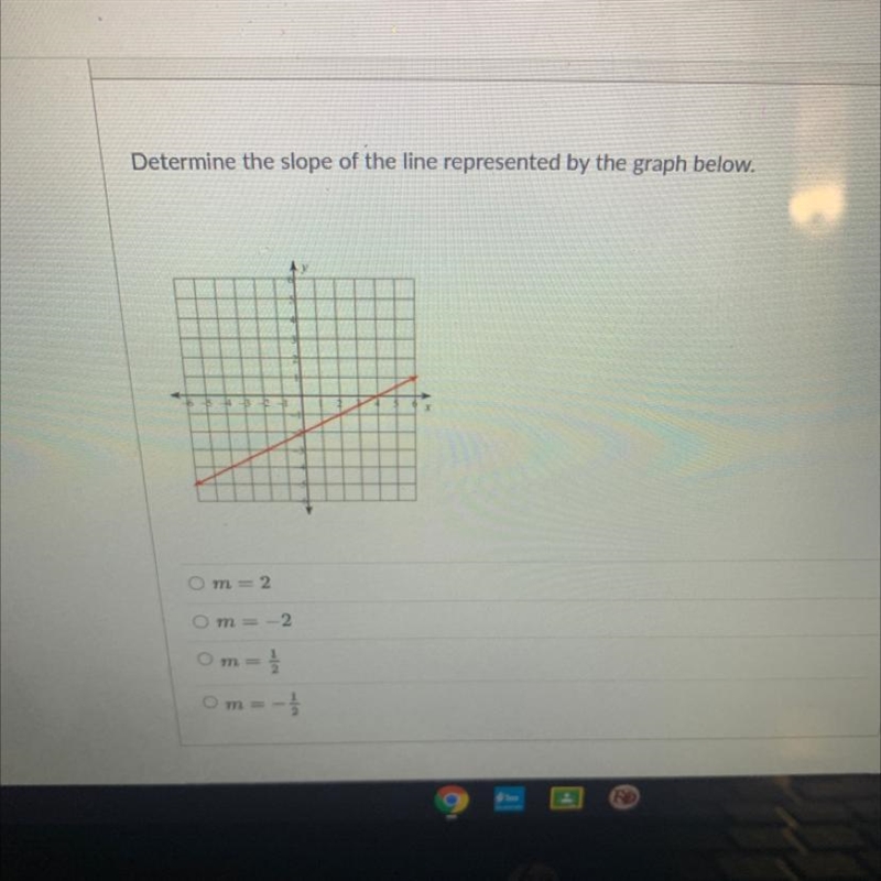 HELP ME PLEASE! Determine the slope of the line represented by the graph below. m-example-1